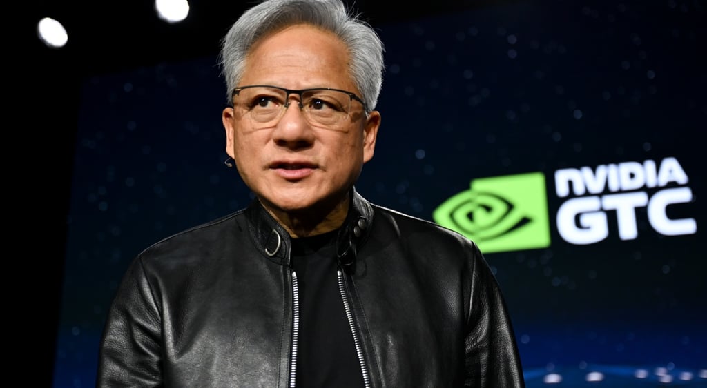 Jensen Huang, black leather jacket, black background, green nvidia logo ,grey hair, glasses,