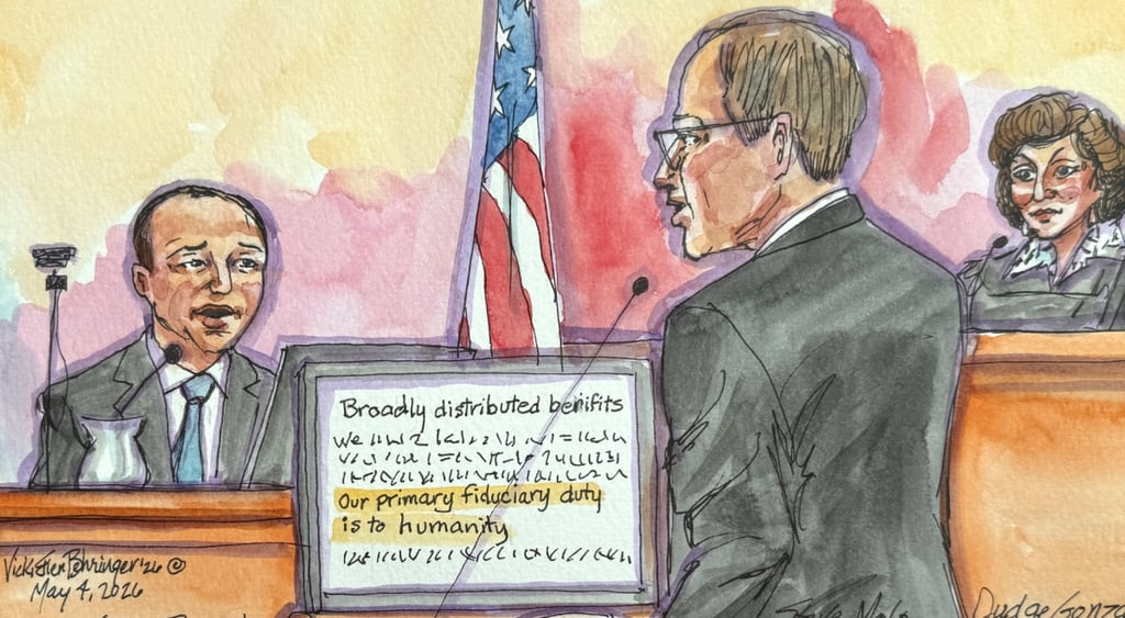 pastel watercolor sketch of Greg Brockman, man in grey suit, questioned by Steven Molo, US flag