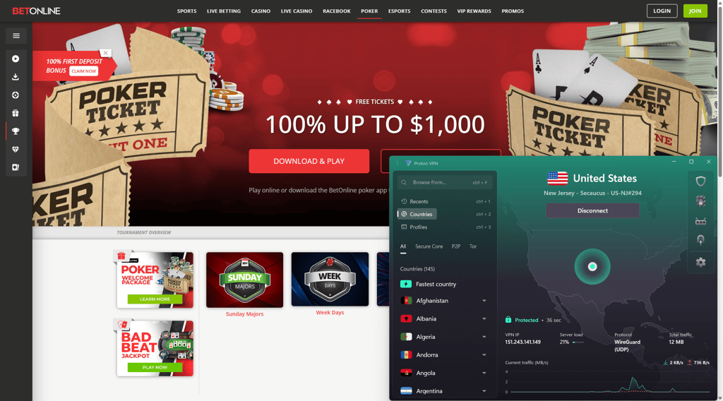 BetOnline unblocked with Proton VPN