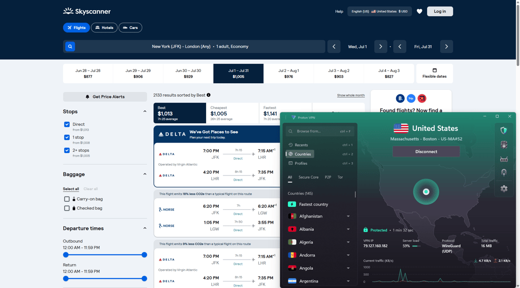 ProtonVPN Skyscanner US new