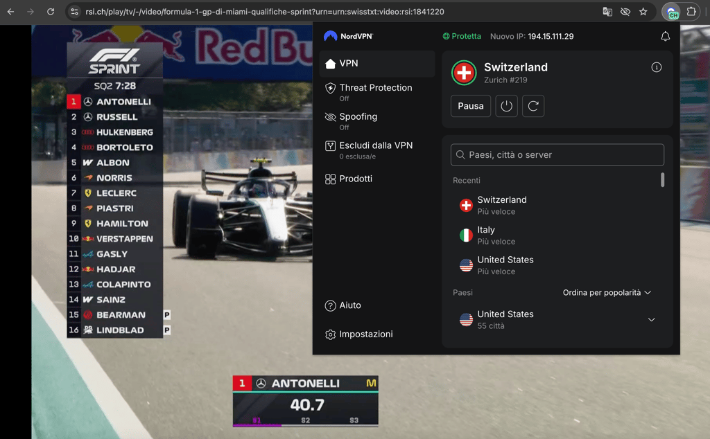 F1 su RSI con VPN