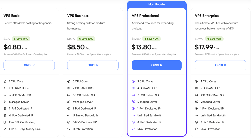 Selection of UltaHost VPS plans