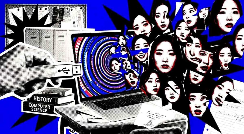 Deepfaked images of Korean teachers coming out of a USB stick.