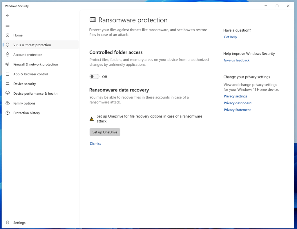 Virus and threat protection tab within Windows Security offering to set up OneDrive