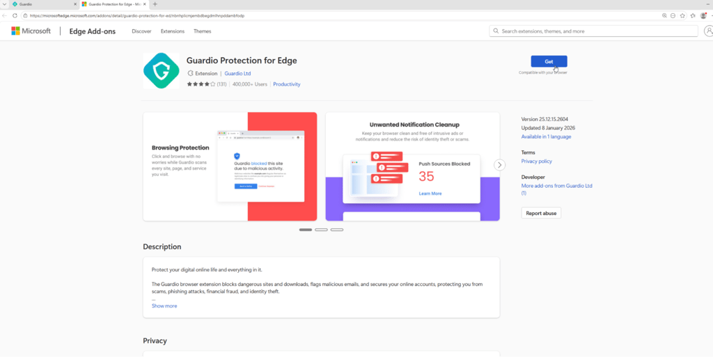 Adding the Guardio extension