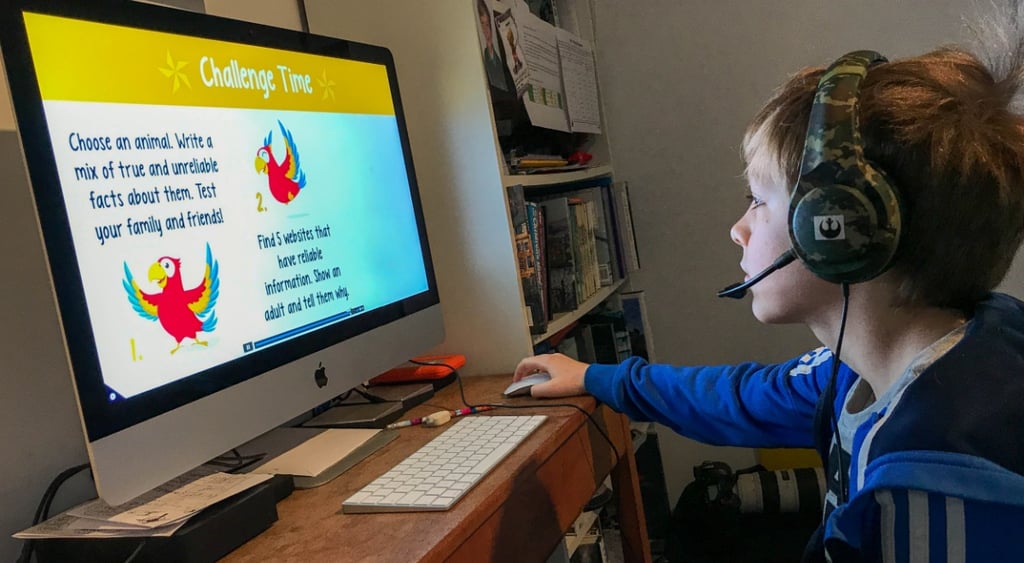 white blonde boy, military like headphones, white keyboard. computer screen, two red parrots
