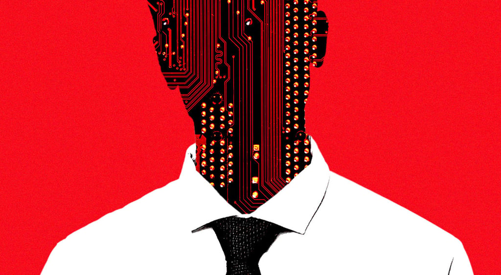A robot wearing a white shirt and a tie on a red background