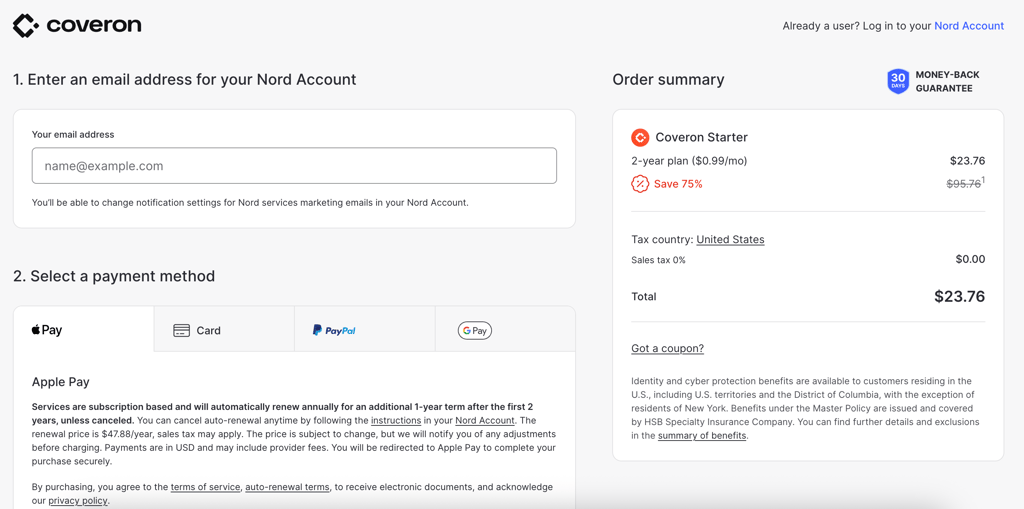 coveron checkout screen
