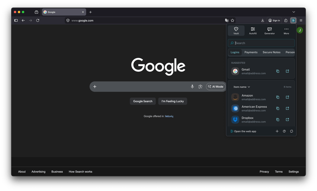 dashlane browser interface