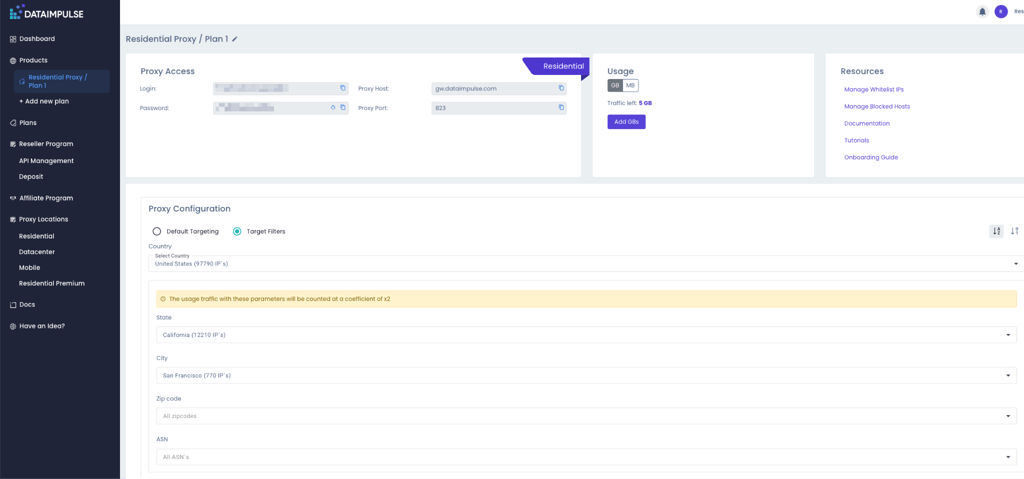 DataImpulse residential proxy configuration dashboard