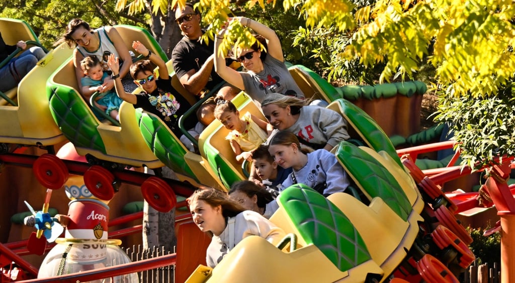disneyland, white people, roller coaster ride, yellow, green,