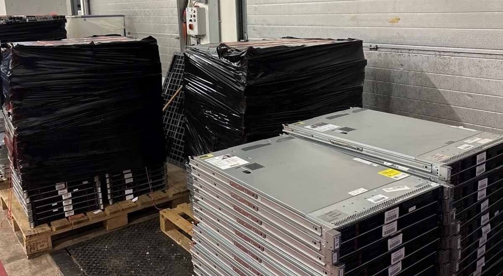 silver-grey looking servers in two piles, another pile wrapped in black plastic