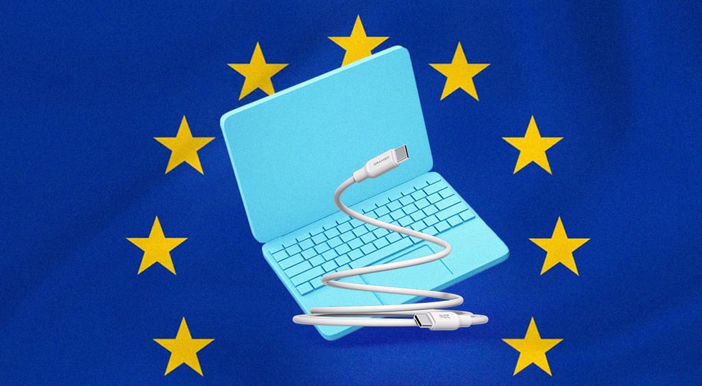 A laptop with a USB-C charger, European Union flag on the background
