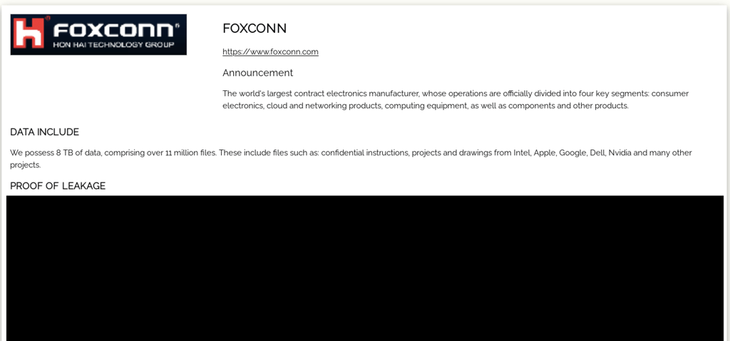 foxconn dark web post