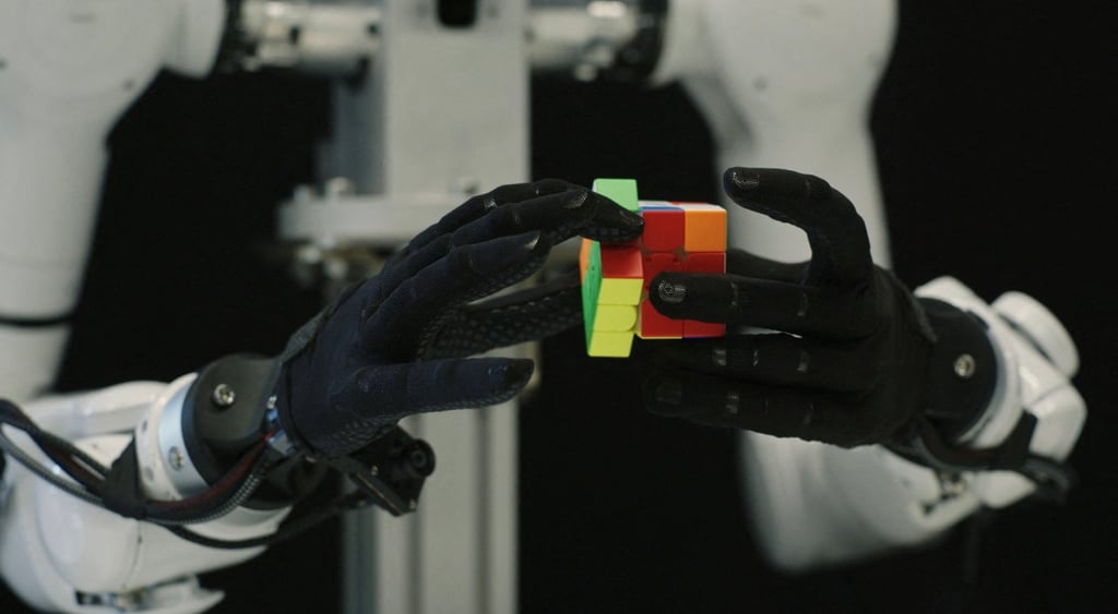 black robot hands hold rubic cube, white plastic humanoid, colorful cube