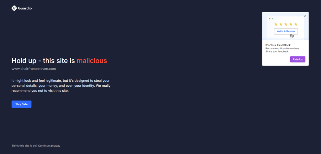 Guardio blocks a phishing website