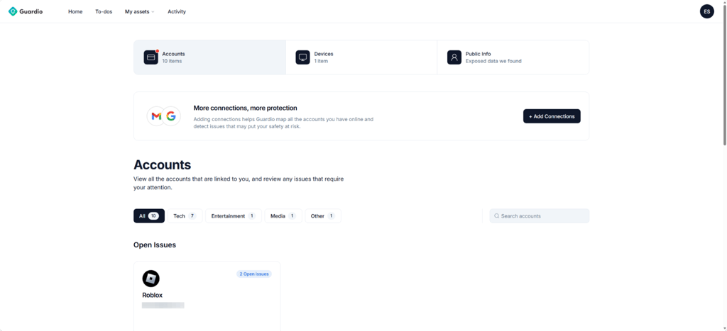 My Assets interface of Guardio