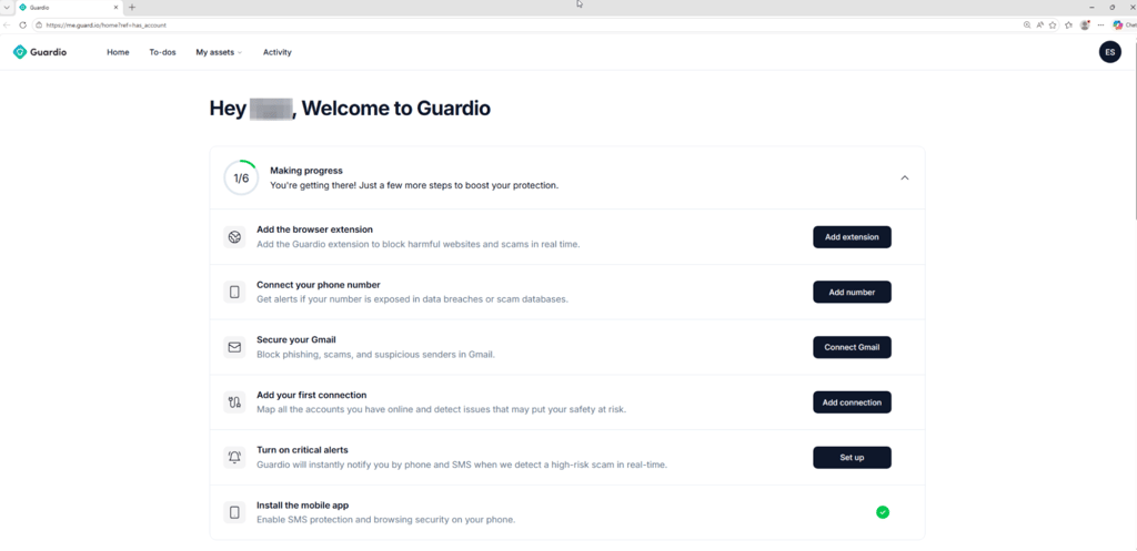 Guardio welcoming screen