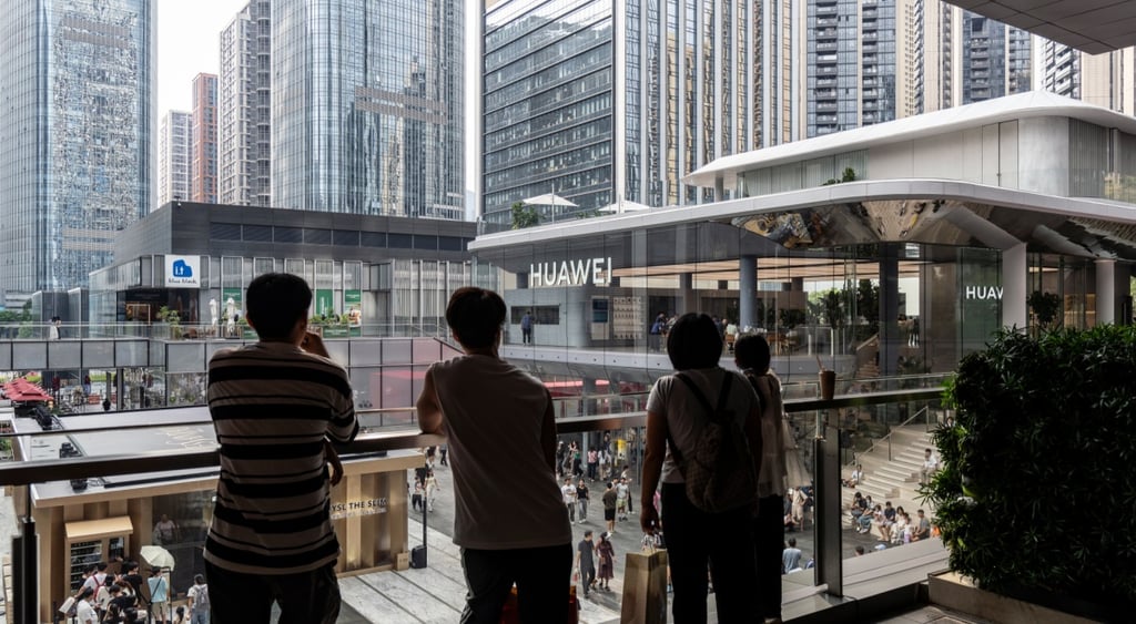 huawei white letter sign, tall glass buildings, asian people, black hair, balcony
