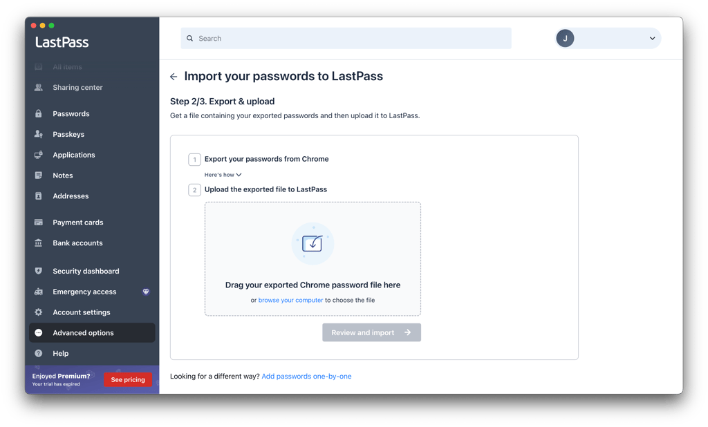 LastPass password import