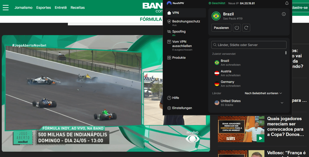 Indy 500 Screenshot, Band TV Brazil, VPN