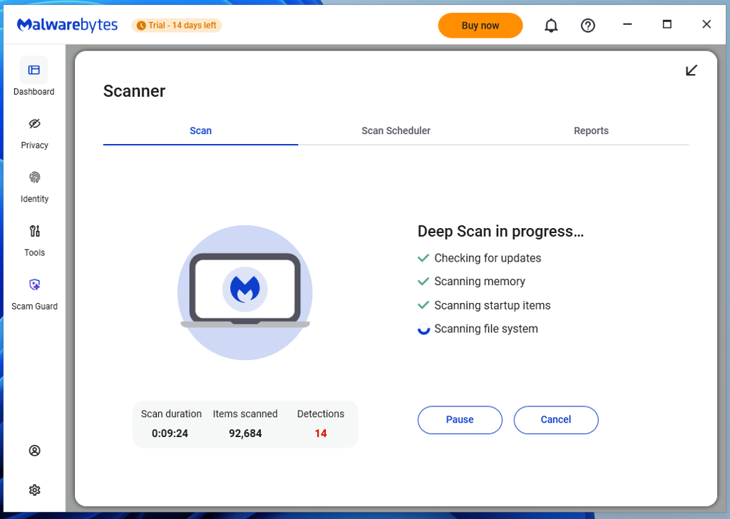 Malwarebytes’ full scan in progress