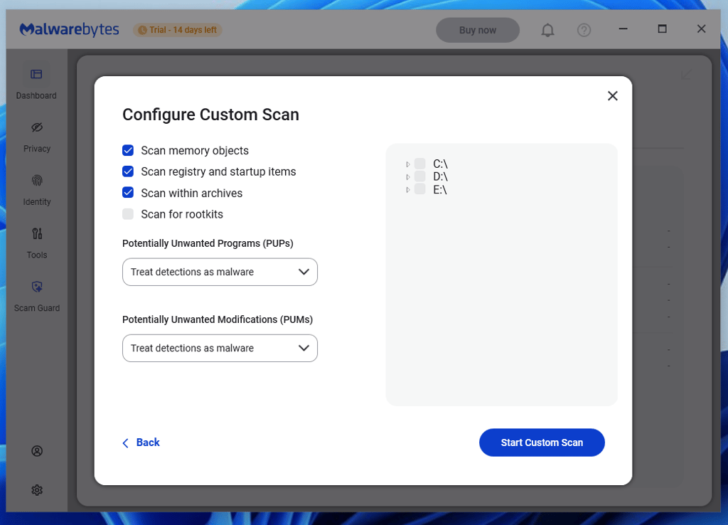 Configuring the Custom Scan feature on Malwarebytes