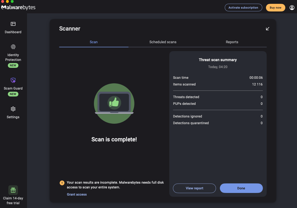 malwarebytes test screenshot
