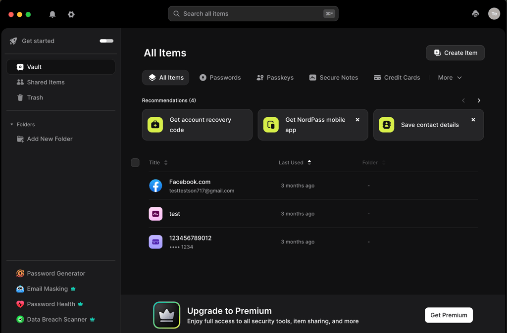 NordPass free interface