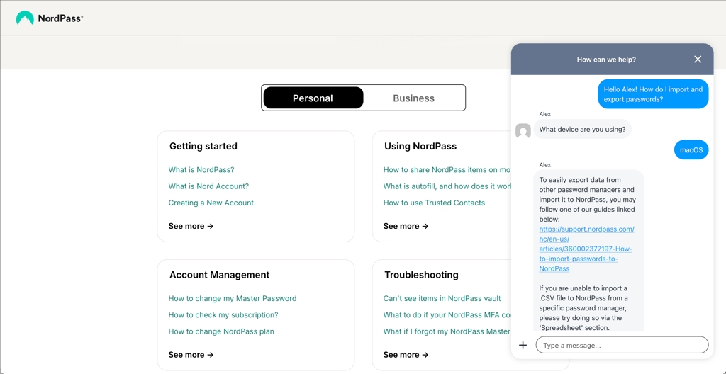 NordPass live chat with support