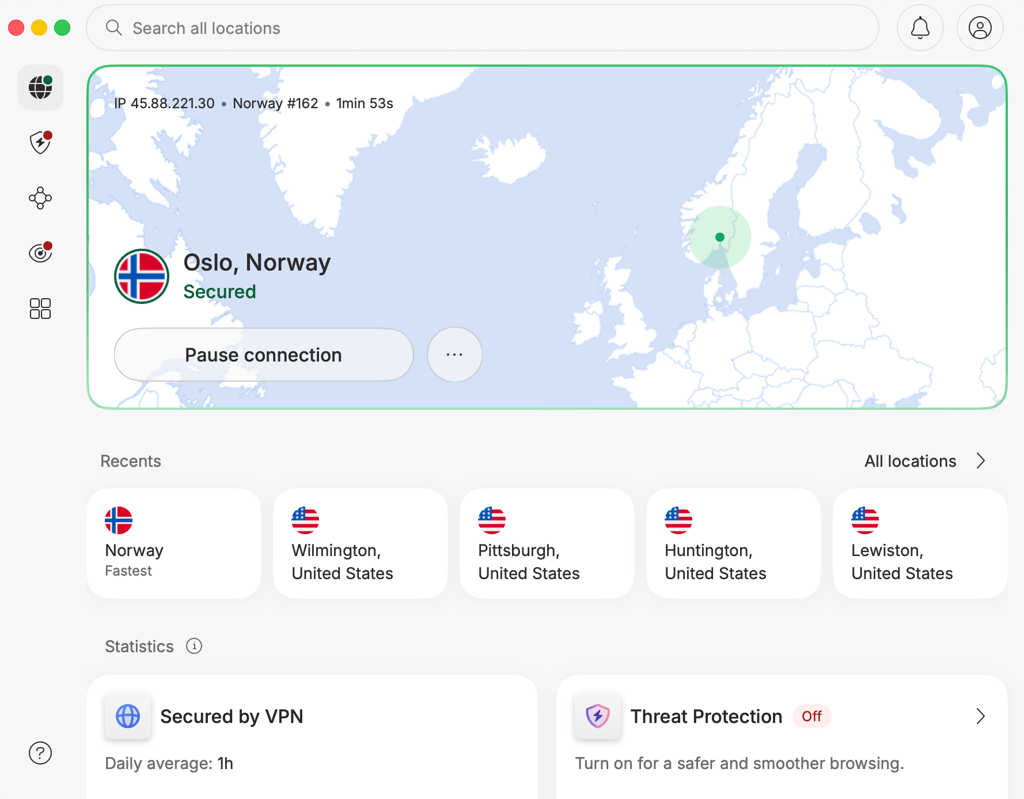 NordVPN connected to a server in Norway