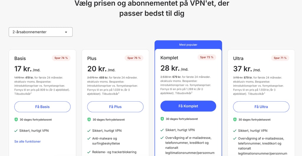 NordVPN hjemmeside med prisplan