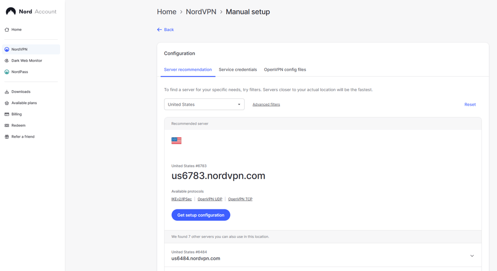 NordVPN manual setup in Nord account settings