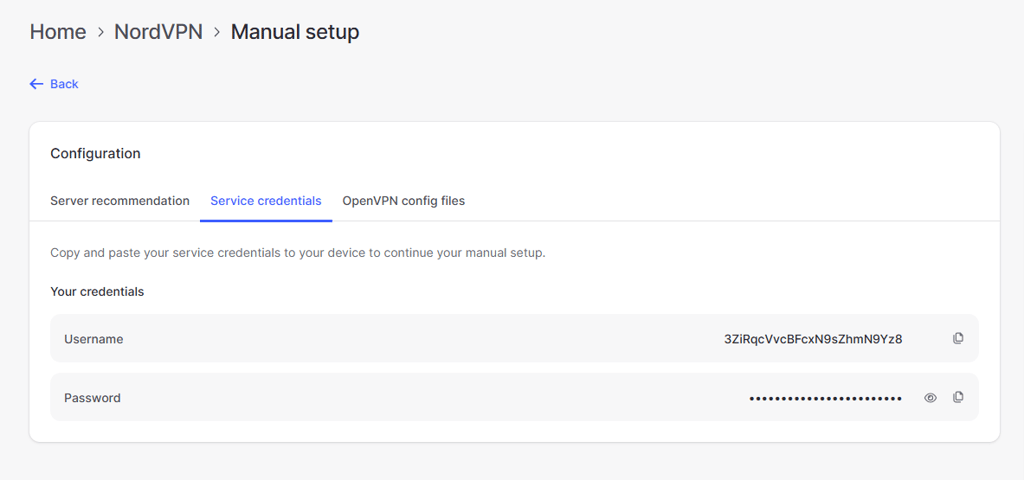 NordPVN service credentials for manual VPN configuration