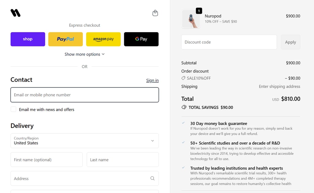 Nuropod device checkout page