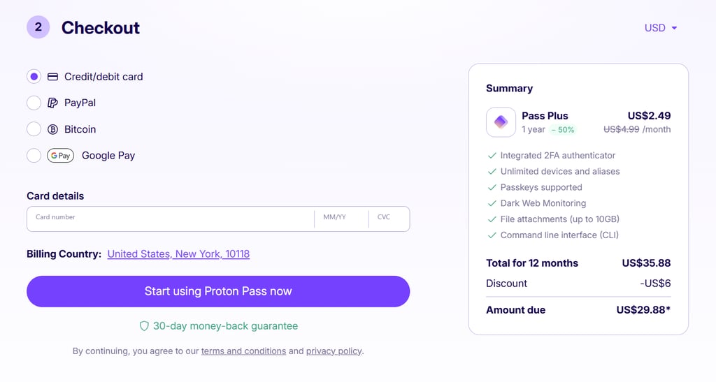 Proton Pass checkout and order summary