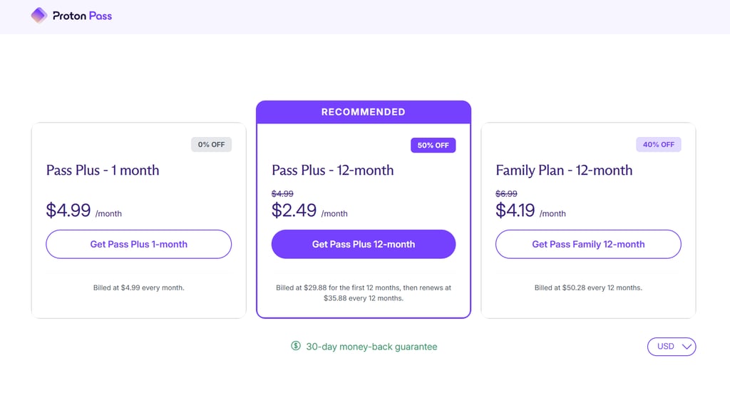 Proton Pass plan options