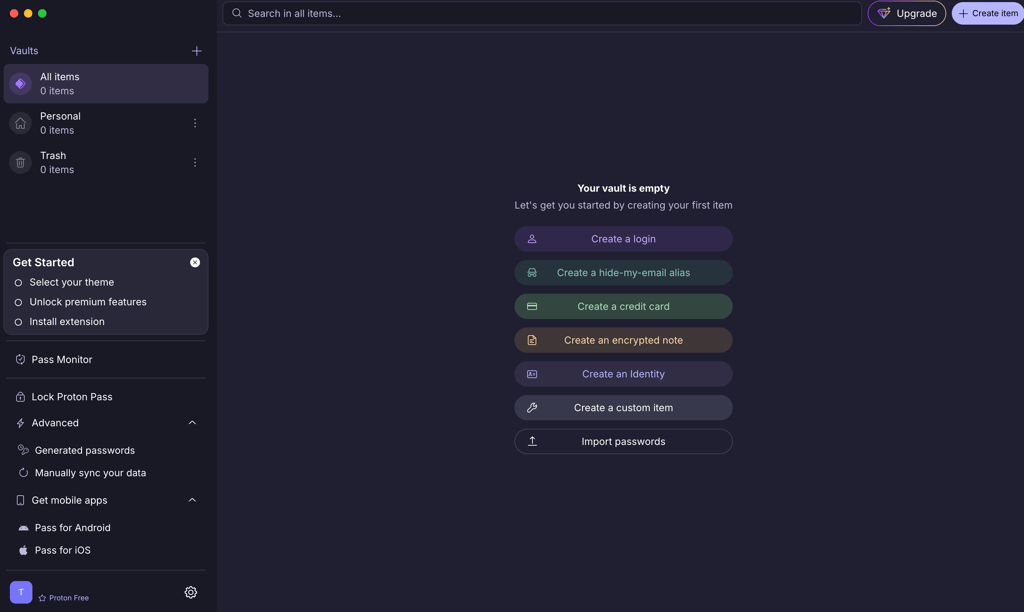Proton Pass free version interface