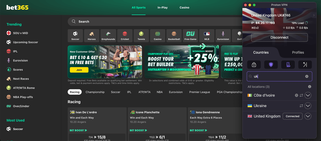 protonvpn unblocks bet365