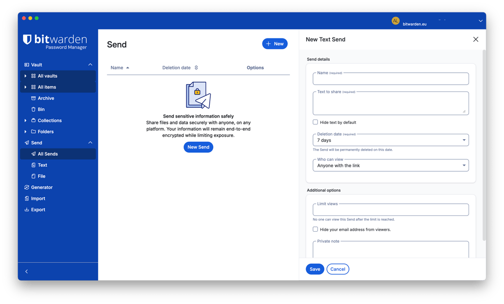 Bitwarden Send feature