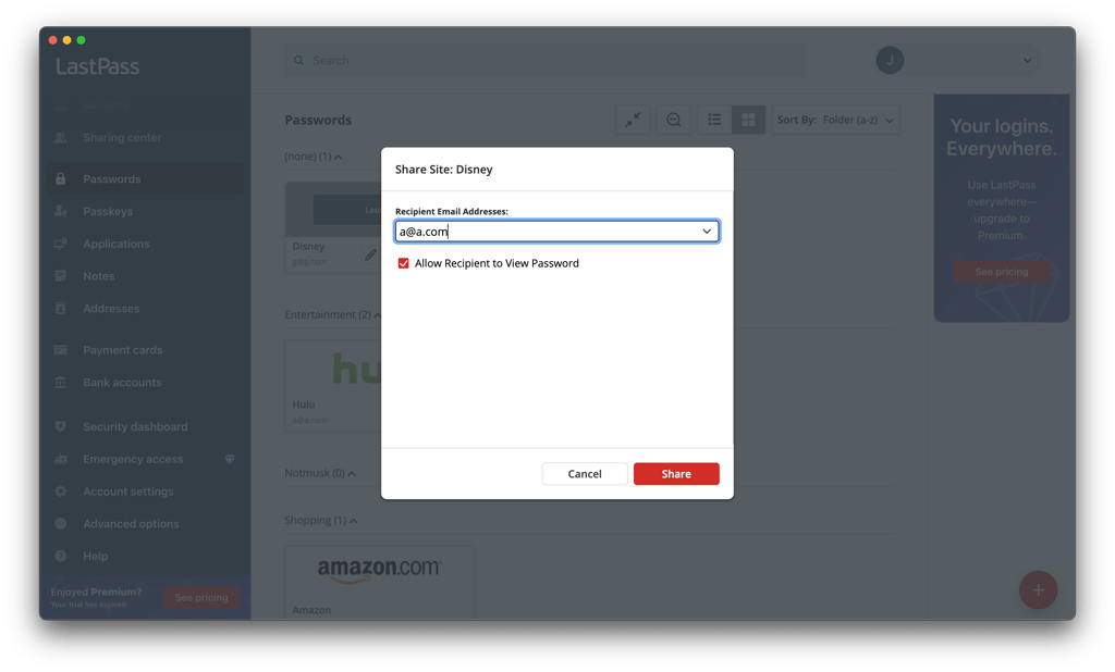 LastPass sharing passwords