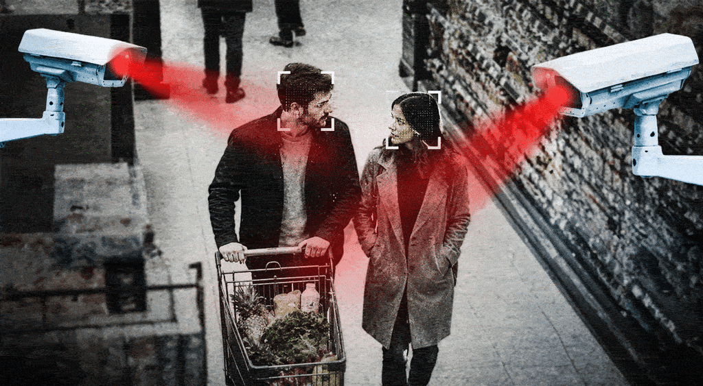 Facial recognition system in cameras scanning man and woman in a shop