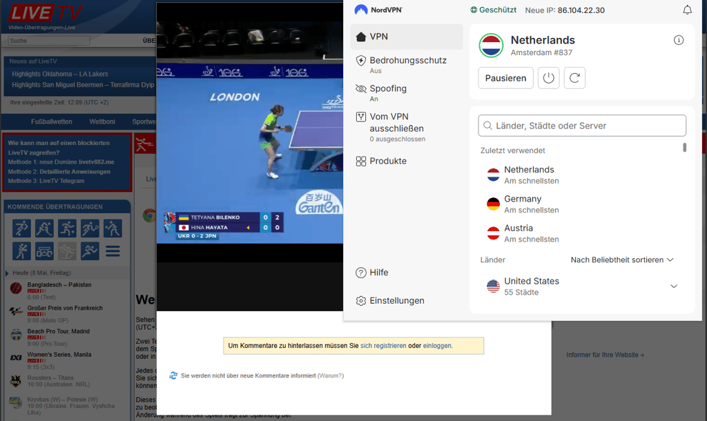 stream livetv.sx entsperrt, Screenshot, Tischtennis