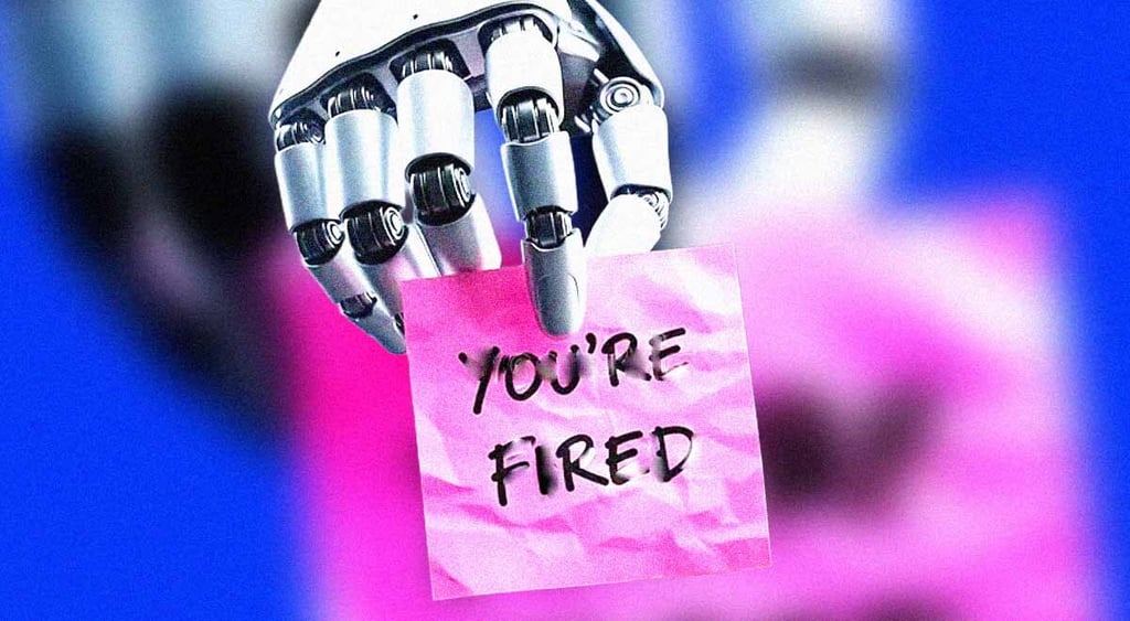 A robot's hand holding a note that says "You're fired"