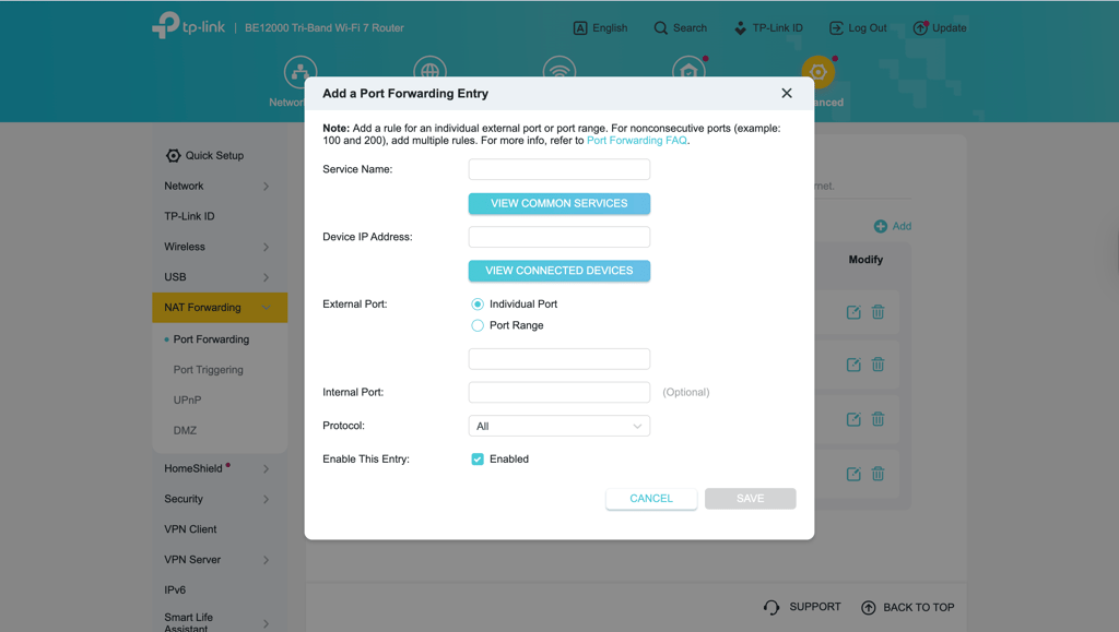 TP-Link adding port forward