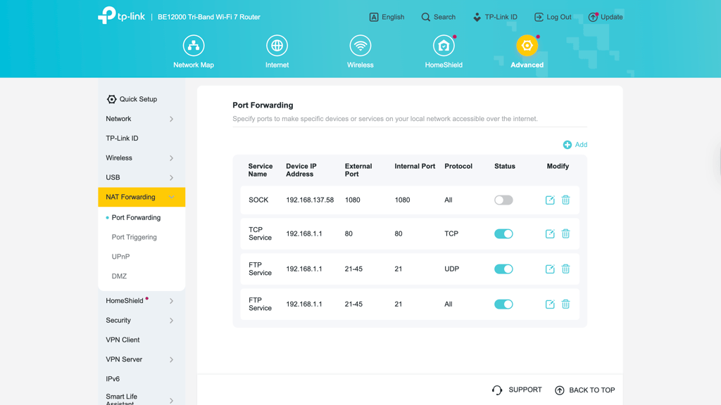 TP-Link port forwarding settings
