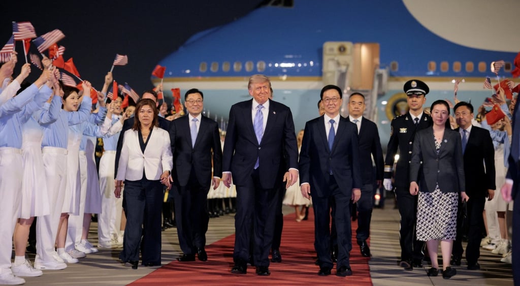 beijing airport, red carped, white , blue plane, donald trump, chinese people