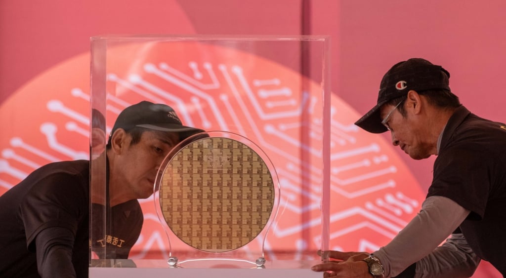 two asian men, pink photo wall with AI chip texture,