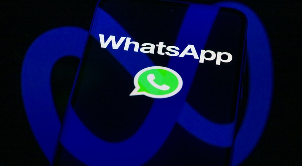 whatsapp written in white, whatsapp logo, black smartphone screen, blue meta logo reflection