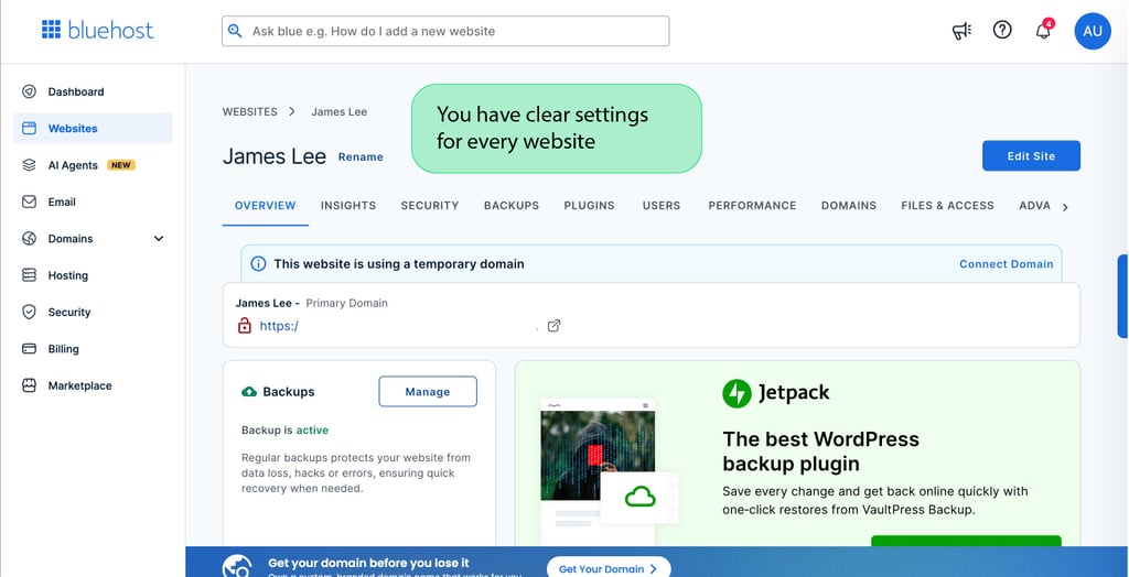 Bluehost dashboard
